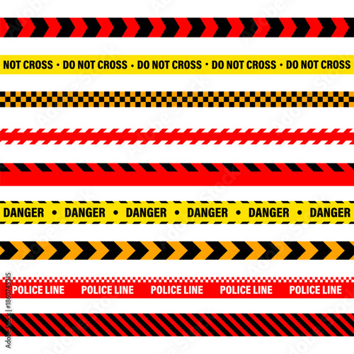 Barricade construction tape. Colorful police warning line, brightly colored danger or hazard stripe, ribbon. Restricted area, zone. Attention symbol. Vector illustration
