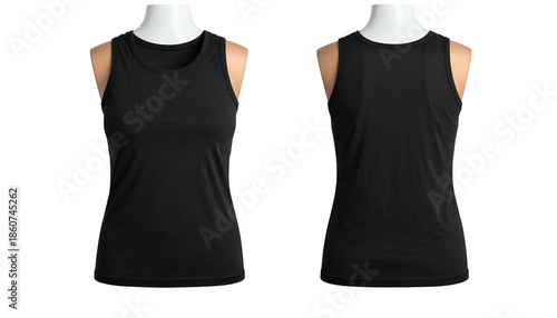 Front and back views of a plain black sleeveless tank top on a white mannequin