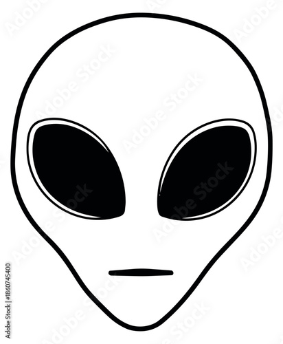 Line art illustration of an alien head depicting a classic grey alien face for pop culture and mysterious themes