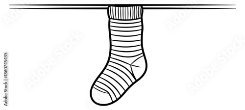 Hand drawn line art illustration of a striped sock depicting hanging on a clothesline for laundry