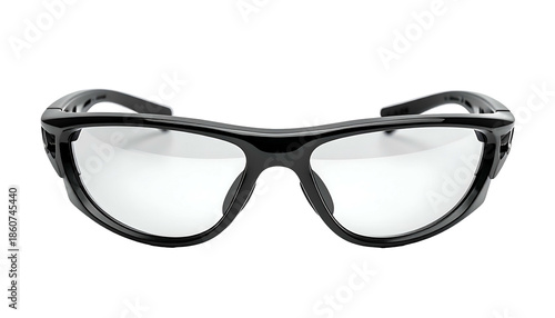 Close-up front view of black safety glasses with clear lenses and thick frames