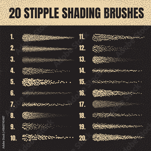 Ink scatter brush, stipple drawing and texturing. Fading gradient. Stippling, dotwork drawing, shading using dots. Halftone disintegration effect. White noise grainy texture. Vector illustration