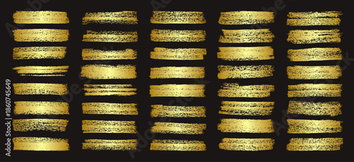 Golden brush strokes, lines, ink smudges, hand-drawn scribble shapes. Handmade sketchy marks, acrylic stains, charcoal streaks. Paint textures, dry brush effect. Marker underline. Vector illustration