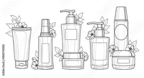 Collection of Skincare Bottles and Jars with Floral Accents.