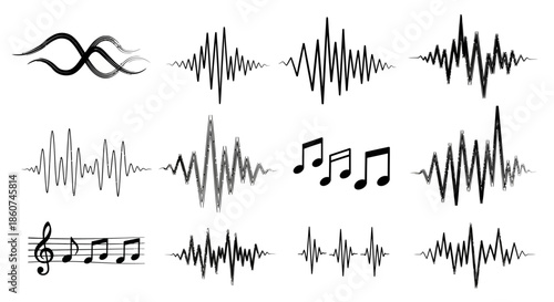 Collection of Sound Waveforms and Musical Notes.
