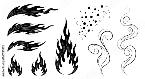Collection of stylized fire and smoke elements for graphic design.