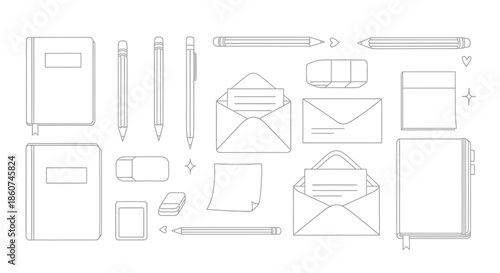Collection of stationery items including notebooks, pencils, erasers, and envelopes.