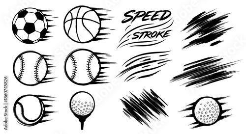 Collection of Sports Balls and Speed Strokes Graphics.