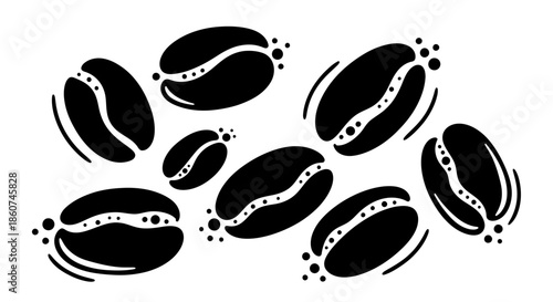 Collection of stylized black coffee beans with white details.