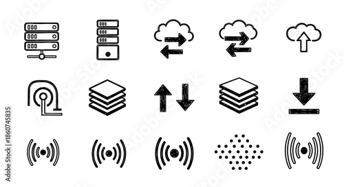 Collection of Technology and Network Icons Representing Data Transfer and Connectivity.