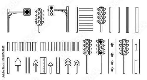 Collection of Traffic Lights and Road Markings Line Art.