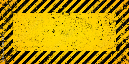 Warning sign with yellow and black diagonal lines. Attention, danger or caution symbol. Construction site signage, road safety notice, hazard banner, security alert shield. Vector illustration