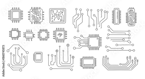 Collection of various circuit board designs and microchips illustrations.