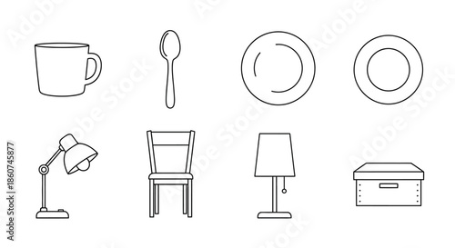 Collection of various household items and furniture in simple line art style.