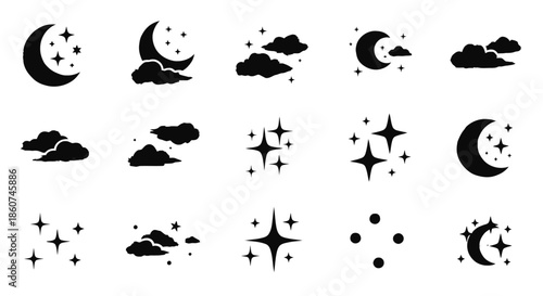 Collection of various moon, stars, and cloud icons in black silhouette.