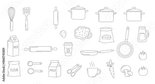 Collection of various kitchen utensils and food ingredients in a simple line art style.