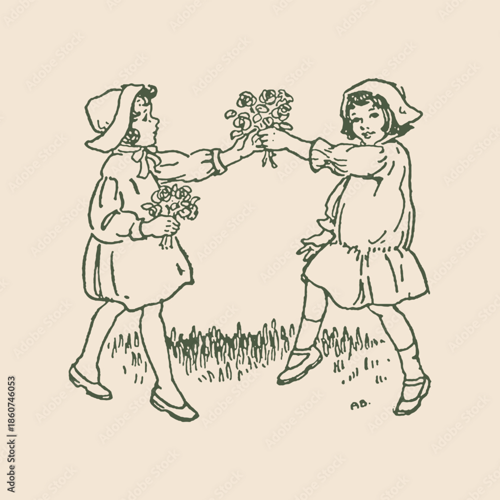 Fototapeta premium Vintage Victorian Style Illustration of Two Little Girls Exchanging Flower Bouquets in a Meadow