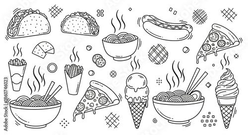 Delicious Fast Food and Noodle Dishes Collection Hand Drawn Style.