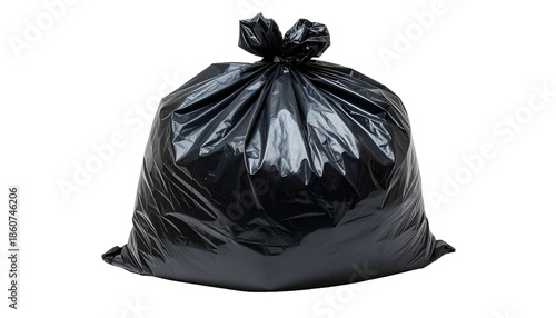 A tightly knotted, black plastic trash bag against a black background, fully opaque