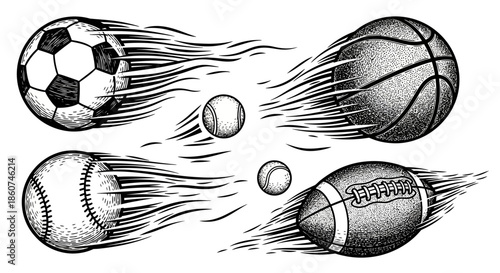 Dynamic Hand Drawn Sports Balls in Motion with Speed Trails.