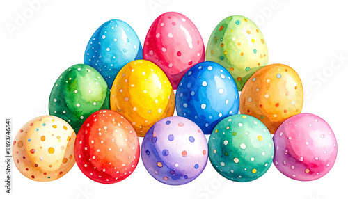 Watercolor depiction of a dozen vibrantly colored speckled Easter eggs stacked