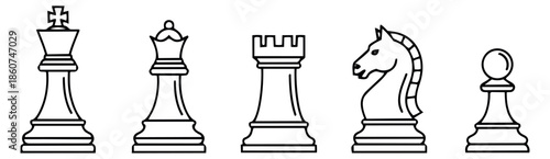 Line art chess pieces set featuring a king, queen, rook, knight, and pawn for strategy games