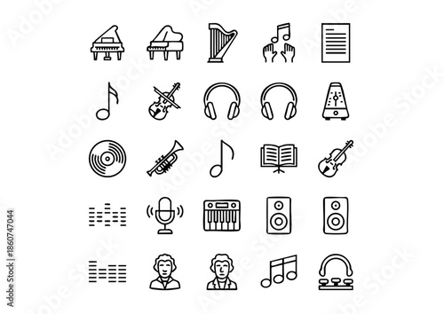 Elegant Pianist & Musical Performance Vector Icon Set, Professional Piano Education and Classical Music Line Art, Minimalist Keyboardist and Grand Piano Instrument Symbols
