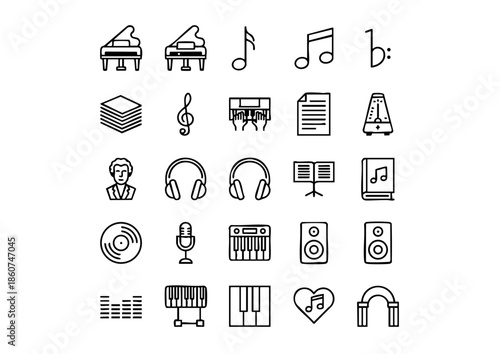 Elegant Pianist & Musical Performance Vector Icon Set, Professional Piano Education and Classical Music Line Art, Minimalist Keyboardist and Grand Piano Instrument Symbols