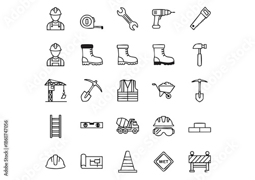 Professional Construction & Civil Engineering Vector Icon Set, Industrial Building Site Equipment and Safety Line Art Collection, Comprehensive Construction Worker Tools and Machinery Symbols