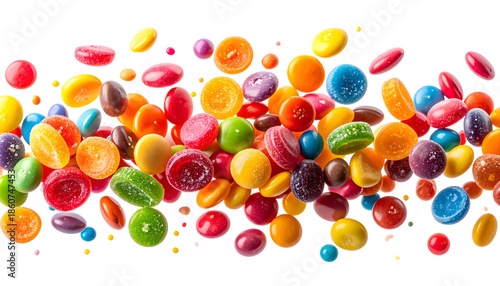 Vivid assortment of vibrantly colored candies suspended against a dark backdrop