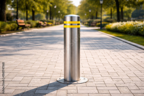 Stainless steel security bollard with yellow reflective stripe stands on paved pedestrian walkway in city park to control vehicle access.