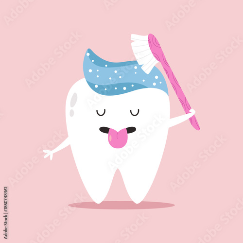 Funny Cartoon Tooth Character Brushing with Toothpaste. Adorable Vector Illustration.