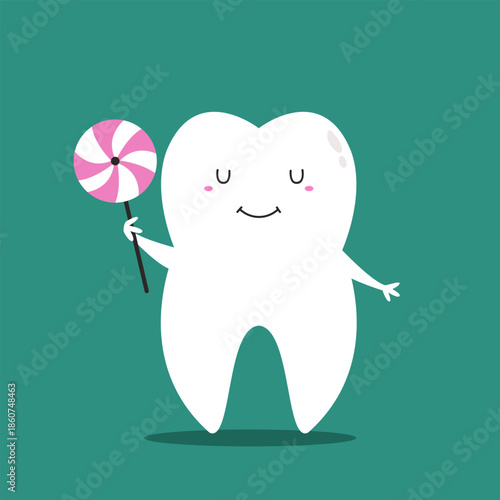 Happy Cartoon Tooth Character Holding a Lollipop to Explain the Risks of Sugar in Professional Stomatology.