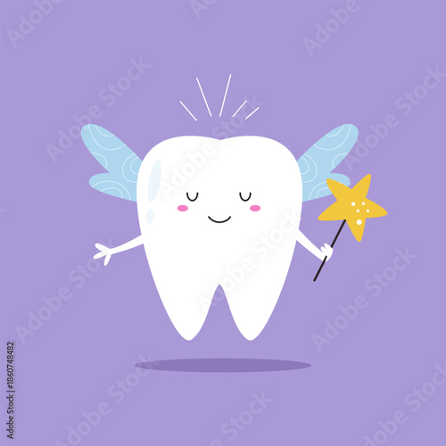 Magical Tooth Fairy Character with Wings and Wand.