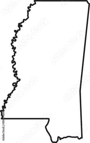 Mississippi State Map Outline Vector Illustration, Simple Black Line Art of the MS Geographical Border, Isolated Icon for Education, Travel, Graphic Design, Patriotic Projects and Web Layouts.