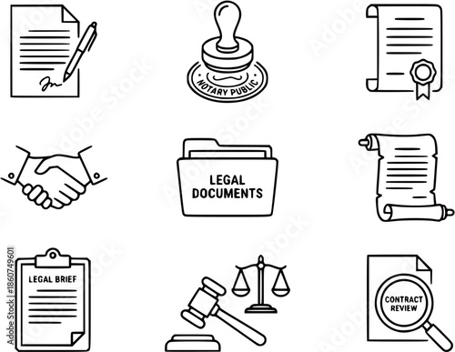 Legal documents and contract signing icons displayed on a white background