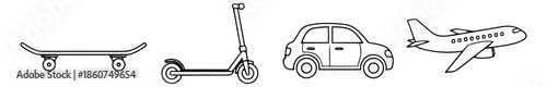 Hand drawn line art transportation set featuring a skateboard, scooter, car, and airplane for various modes of travel