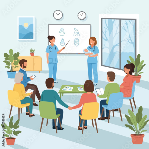 Healthcare professionals educating a group of people in a circle.