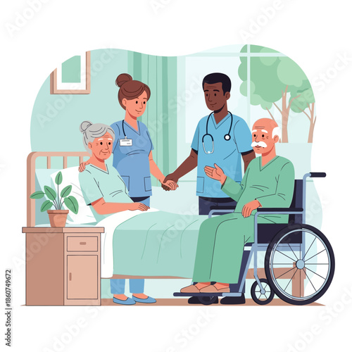 Healthcare professionals providing compassionate care to elderly patients in a hospital room.