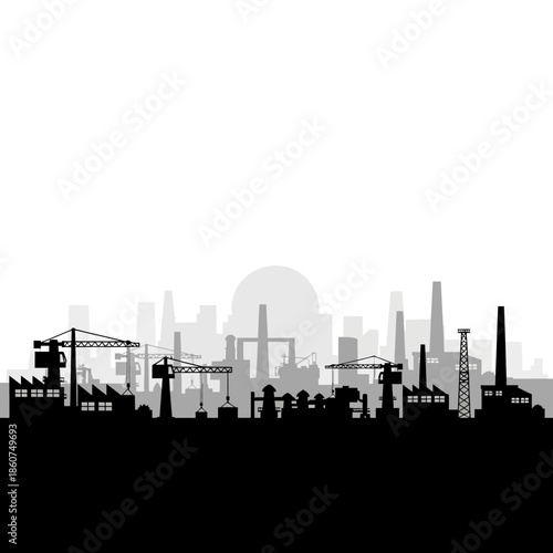 Industrial city skyline silhouette with factories and construction cranes.