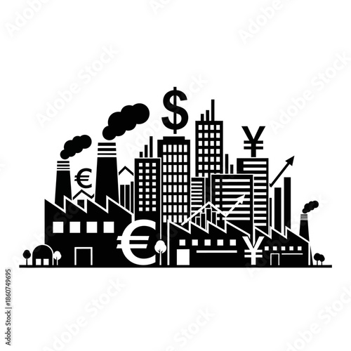 Industrial city with financial symbols and factory buildings.