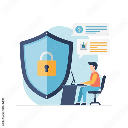 Man working on laptop with a large shield and padlock representing data security.