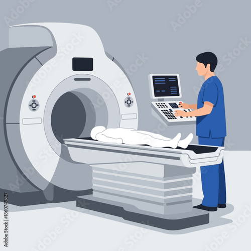 Medical professional operating MRI machine with patient for diagnostic imaging.
