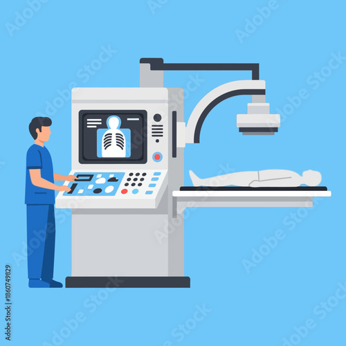 Medical professional operating advanced X-ray machine for patient diagnosis.