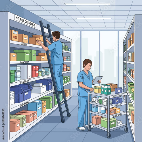 Medical professionals managing inventory in a sterile supply room.