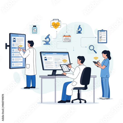 Medical professionals using digital health records and laboratory equipment.
