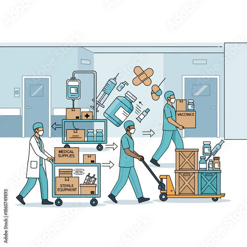 Medical staff transporting essential supplies within a hospital setting.