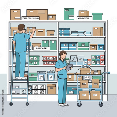 Medical staff organizing supplies in a hospital storage room.