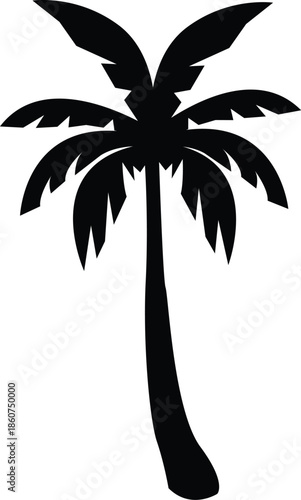 Tropical Palm Tree Silhouette Vector Icon, Exotic Island Summer Vacation Theme Graphic, Black Coconut Tree Outline for Beach Party Posters, Travel Agency Logos, and Paradise Resort Designs.