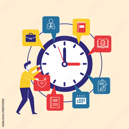 Person managing time and tasks around a large clock face.